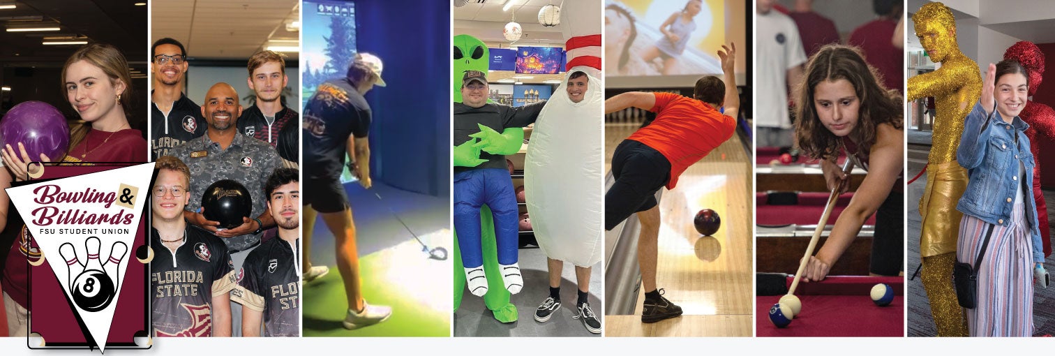 Bowling & Billiards logo on a collage of seven photos of students doing activities in the space